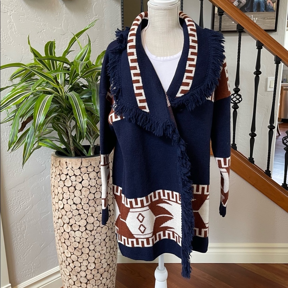 Cocogio Womens Navy Blue Aztec Print Fringe Wool Blend Long Cardigan New! - Picture 3 of 8